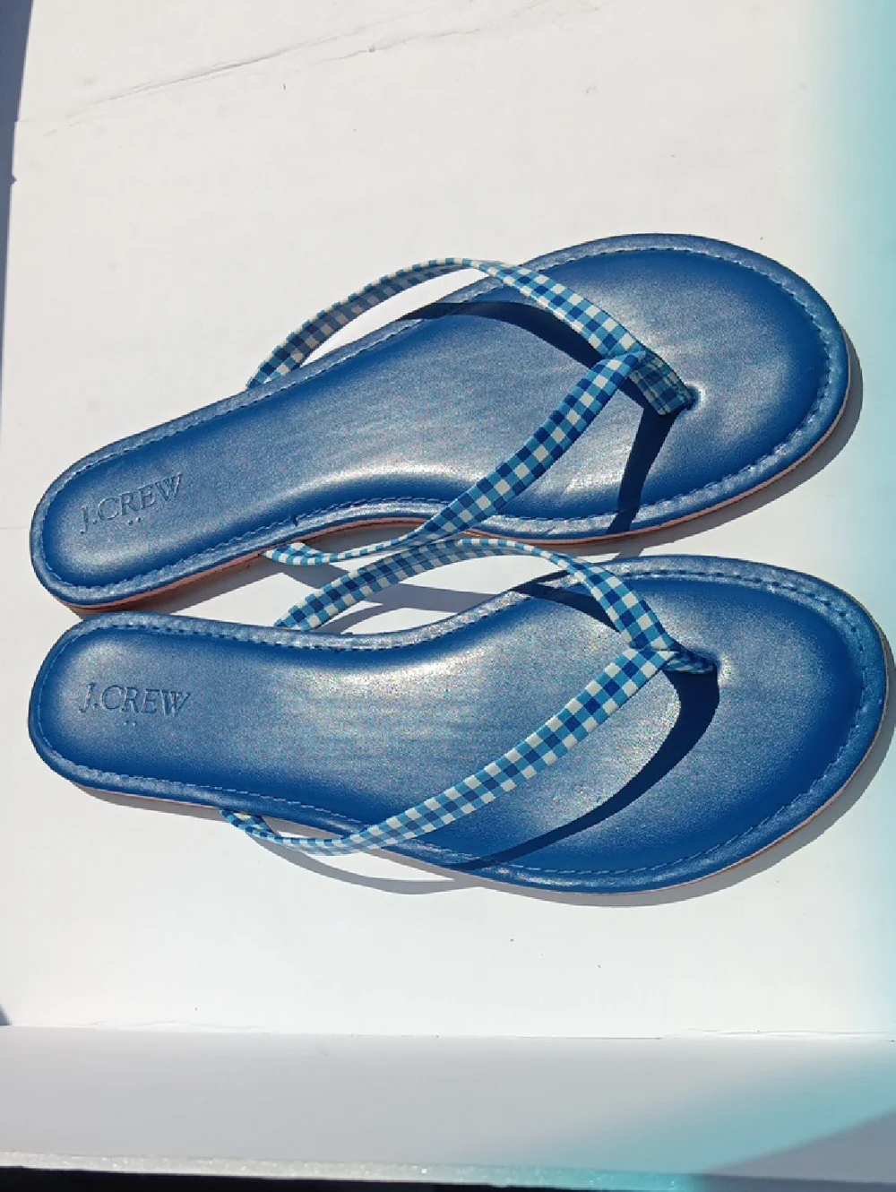 J. Crew Cobalt Blue Leather Flip Flops with Blue Gingham Straps